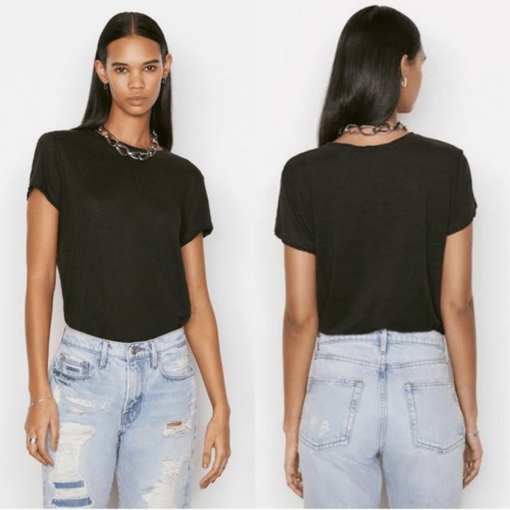 FRAME Easy True Tee in Noir 100% Organic Linen Raw Hems, Women's Medium